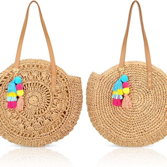 Woven Straw Beach Bags Large Summer Boho Tote Purse with Pom Tassels - Picture 1 of 7
